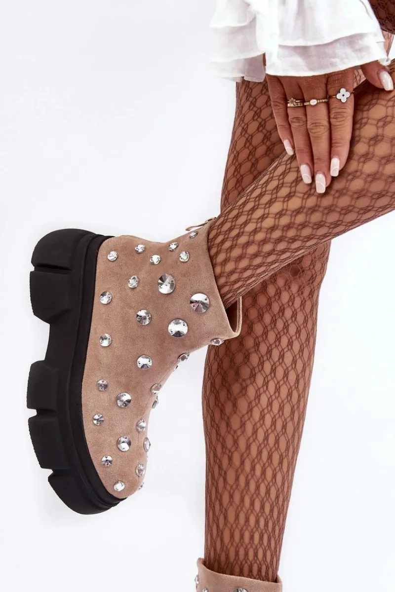 Botki Zimowe Damskie|Brązowe I Beżowe Botki>Damskie buty S.Barski Zamszowe Ocieplane Botki Z Kryształkami D&A MR870-83 Beżowe