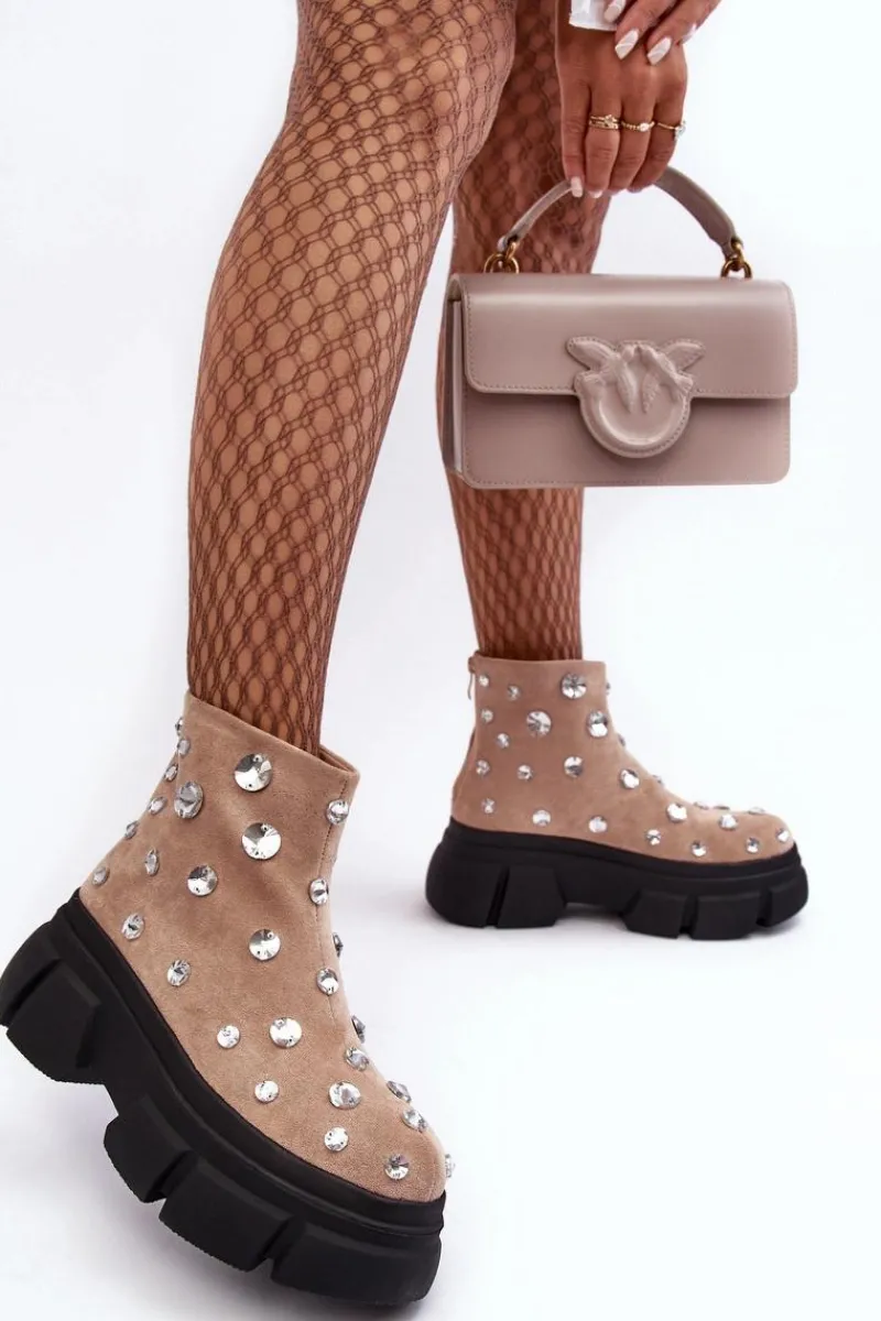 Botki Zimowe Damskie|Brązowe I Beżowe Botki>Damskie buty S.Barski Zamszowe Ocieplane Botki Z Kryształkami D&A MR870-83 Beżowe