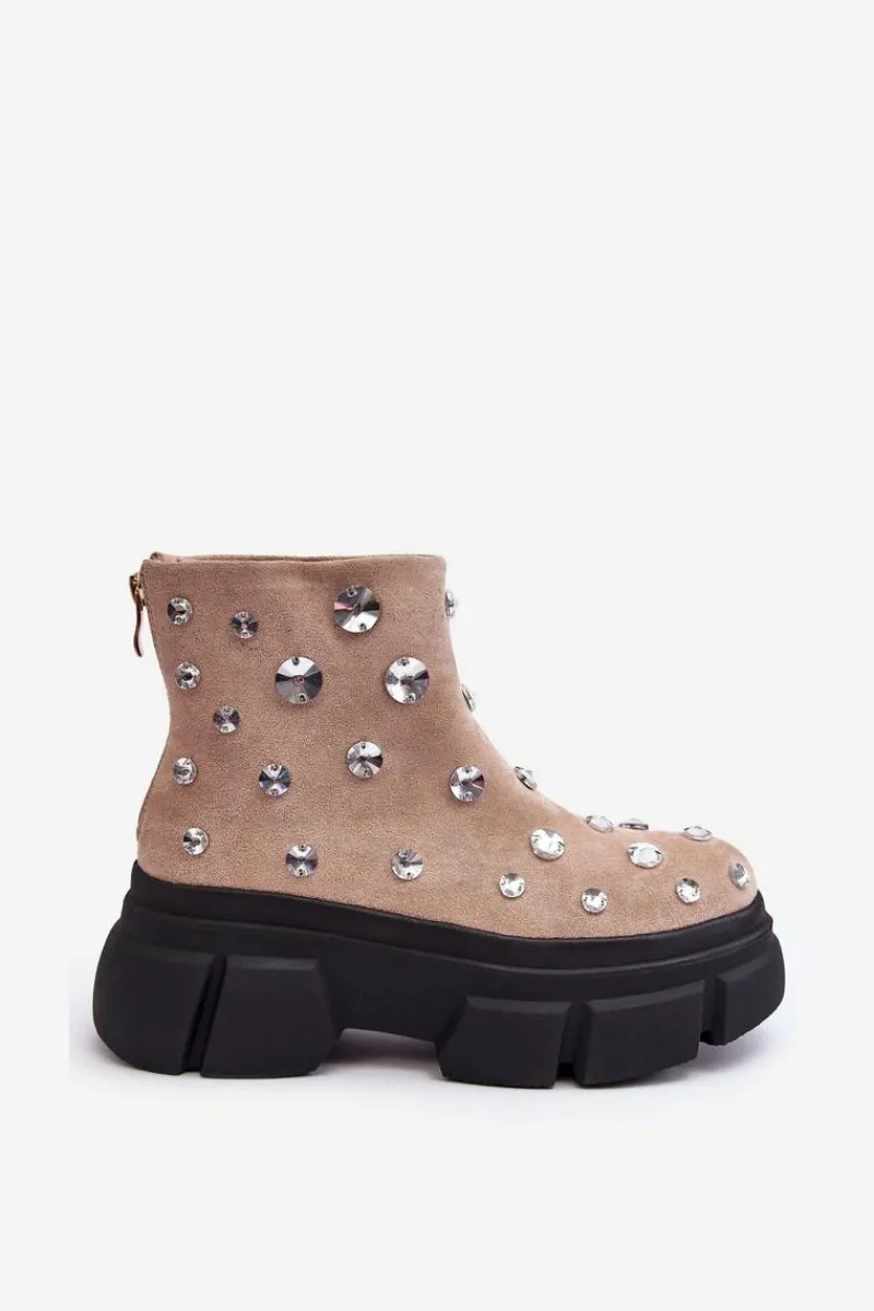 Botki Zimowe Damskie|Brązowe I Beżowe Botki>Damskie buty S.Barski Zamszowe Ocieplane Botki Z Kryształkami D&A MR870-83 Beżowe