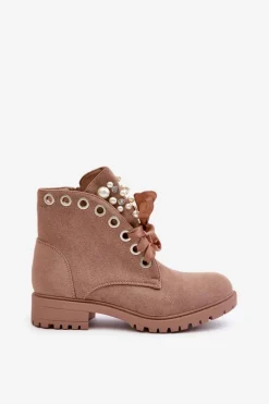 New Boto Zamszowe Ocieplane Botki Z Perełkami I Wstążką Beżowe Perla