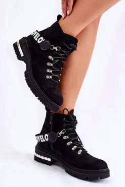 Clearance Boto Zamszowe Ocieplane Botki Z Paskiem Czarne Aurelio