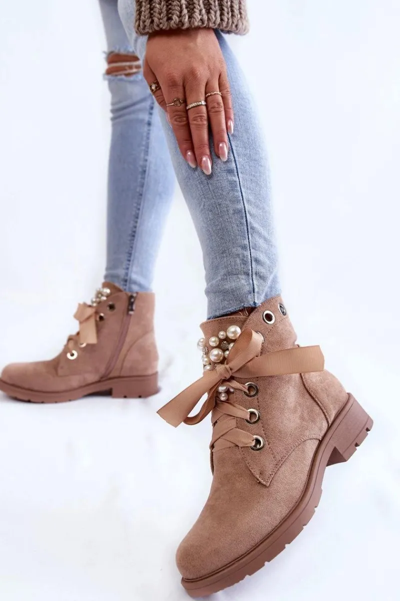 Zamszowe Ocieplane Botki Na Suwak Z Perłami Ciemnobeżowe Raiso Damskie Botki Sznurowane|Botki Zimowe Damskie