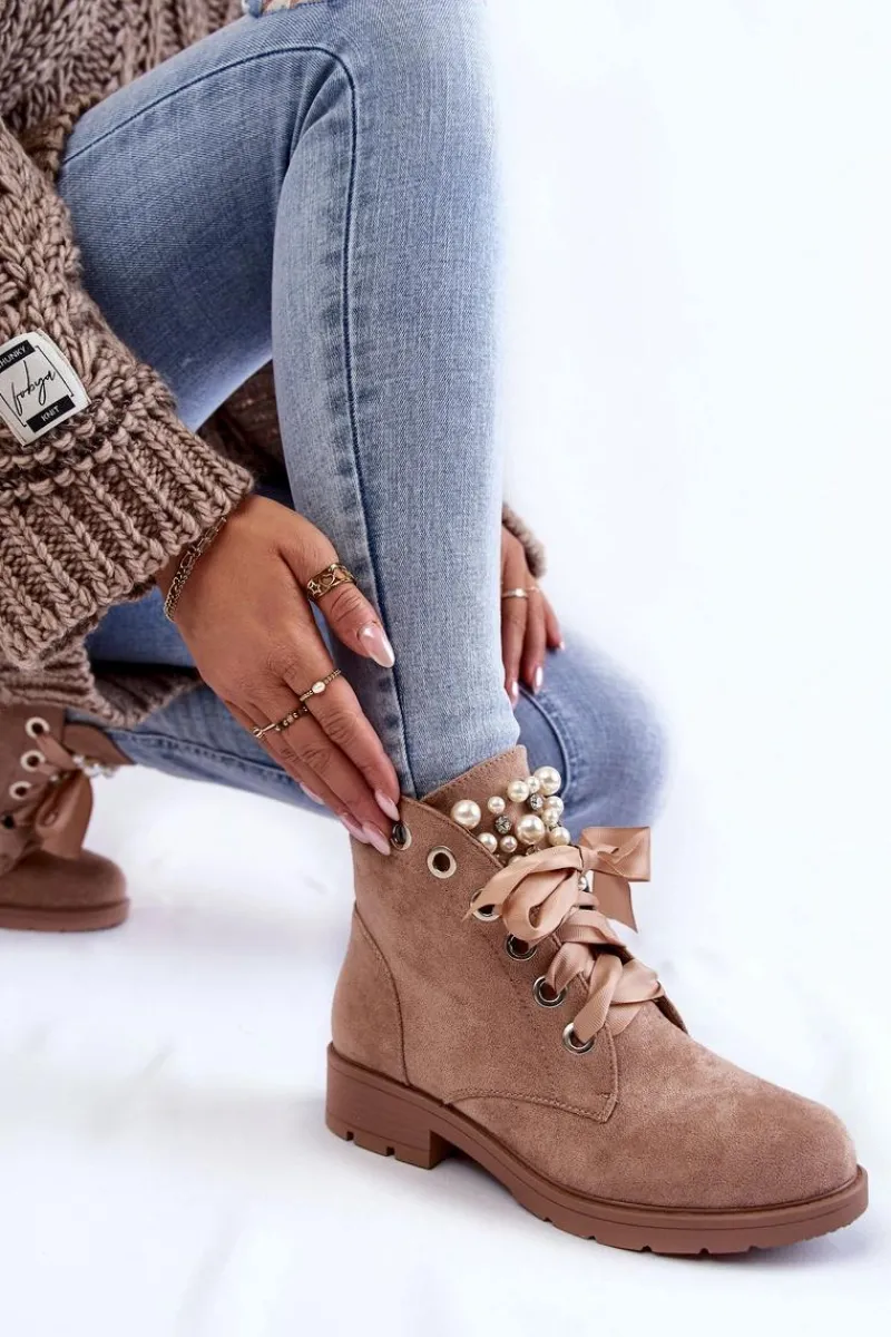 Zamszowe Ocieplane Botki Na Suwak Z Perłami Ciemnobeżowe Raiso Damskie Botki Sznurowane|Botki Zimowe Damskie