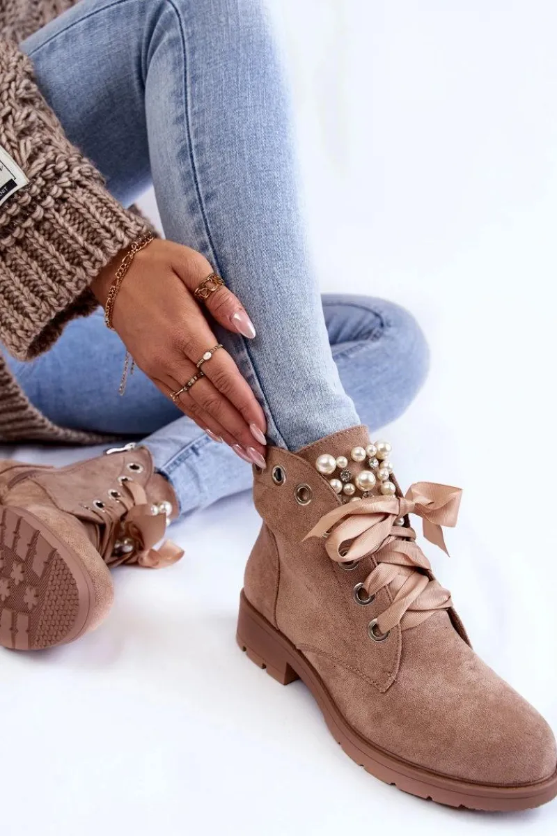 Zamszowe Ocieplane Botki Na Suwak Z Perłami Ciemnobeżowe Raiso Damskie Botki Sznurowane|Botki Zimowe Damskie