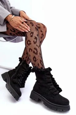 Hot Boto Zamszowe Ocieplane Botki Workery Na Płaskim Obcasie Czarne Nacelle