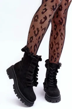 Hot Boto Zamszowe Ocieplane Botki Workery Na Płaskim Obcasie Czarne Nacelle