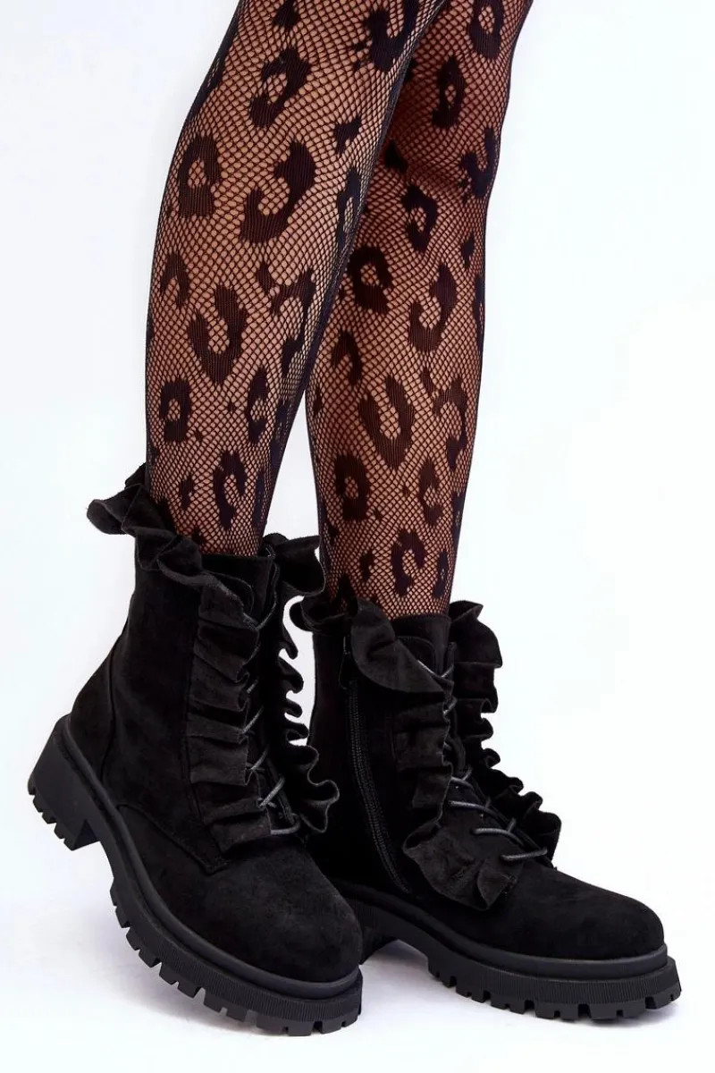 Hot Boto Zamszowe Ocieplane Botki Workery Na Płaskim Obcasie Czarne Nacelle