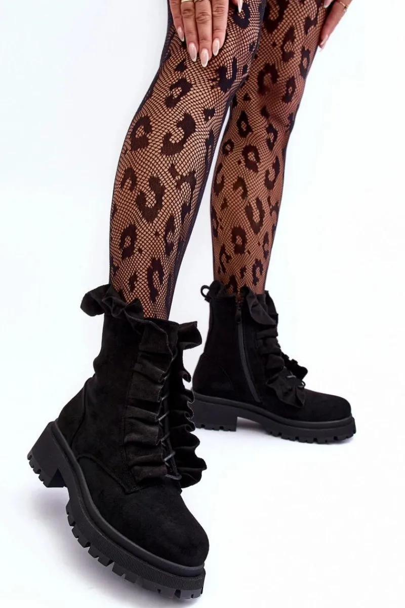 Hot Boto Zamszowe Ocieplane Botki Workery Na Płaskim Obcasie Czarne Nacelle