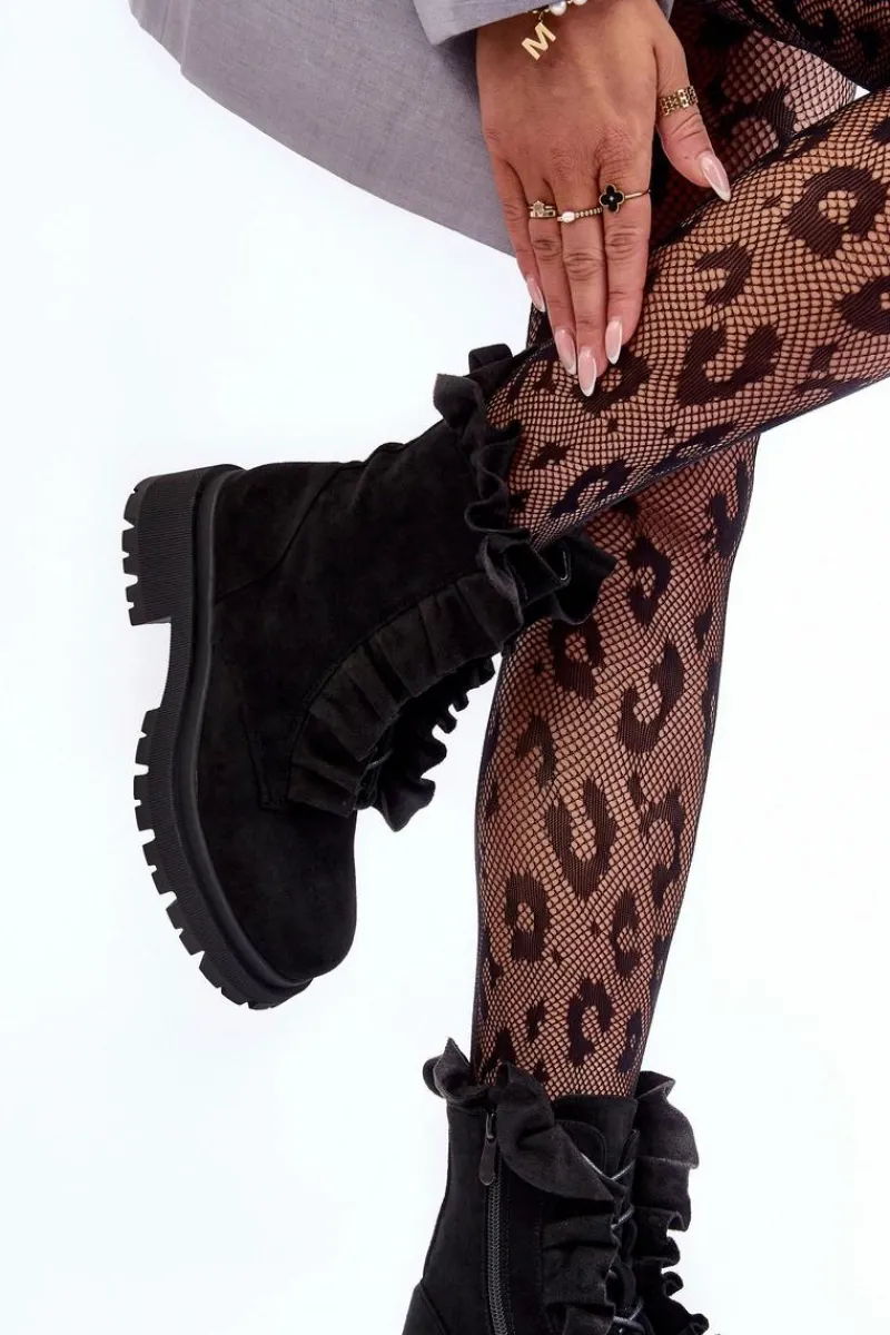 Hot Boto Zamszowe Ocieplane Botki Workery Na Płaskim Obcasie Czarne Nacelle