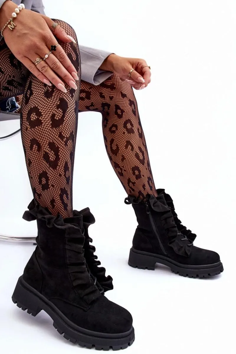 Hot Boto Zamszowe Ocieplane Botki Workery Na Płaskim Obcasie Czarne Nacelle