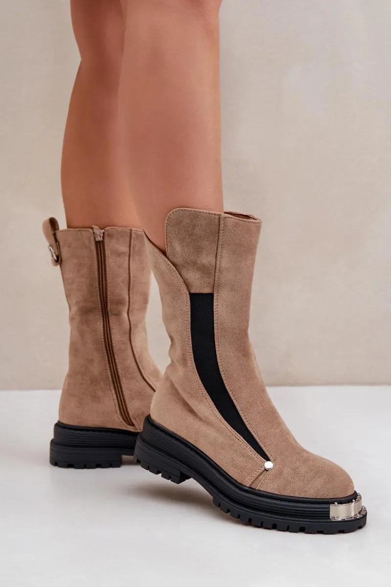 Sale Zamszowe Ocieplane Botki Na Płaskim Obcasie Beżowe Palimra Damskie Czarne Botki|Botki Zimowe Damskie