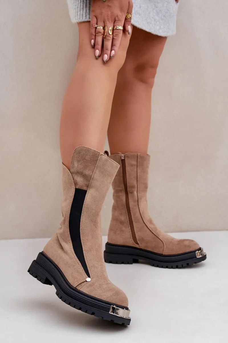 Sale Zamszowe Ocieplane Botki Na Płaskim Obcasie Beżowe Palimra Damskie Czarne Botki|Botki Zimowe Damskie