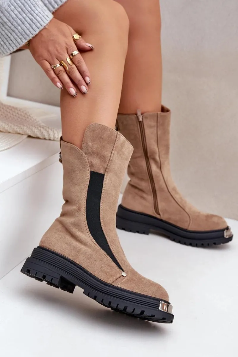Sale Zamszowe Ocieplane Botki Na Płaskim Obcasie Beżowe Palimra Damskie Czarne Botki|Botki Zimowe Damskie