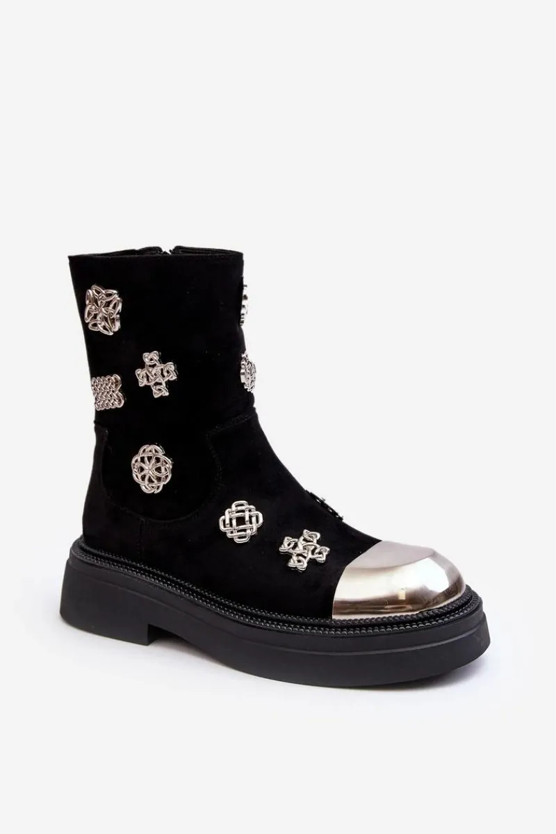 Czarne Botki|Botki Zimowe Damskie>Damskie buty S.Barski Zamszowe Ocieplane Botki Z Ozdobami D&A MR870-14 Czarne