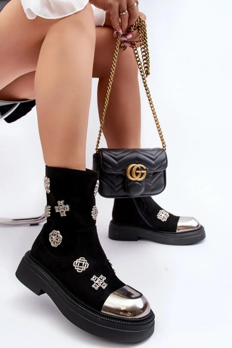 Czarne Botki|Botki Zimowe Damskie>Damskie buty S.Barski Zamszowe Ocieplane Botki Z Ozdobami D&A MR870-14 Czarne