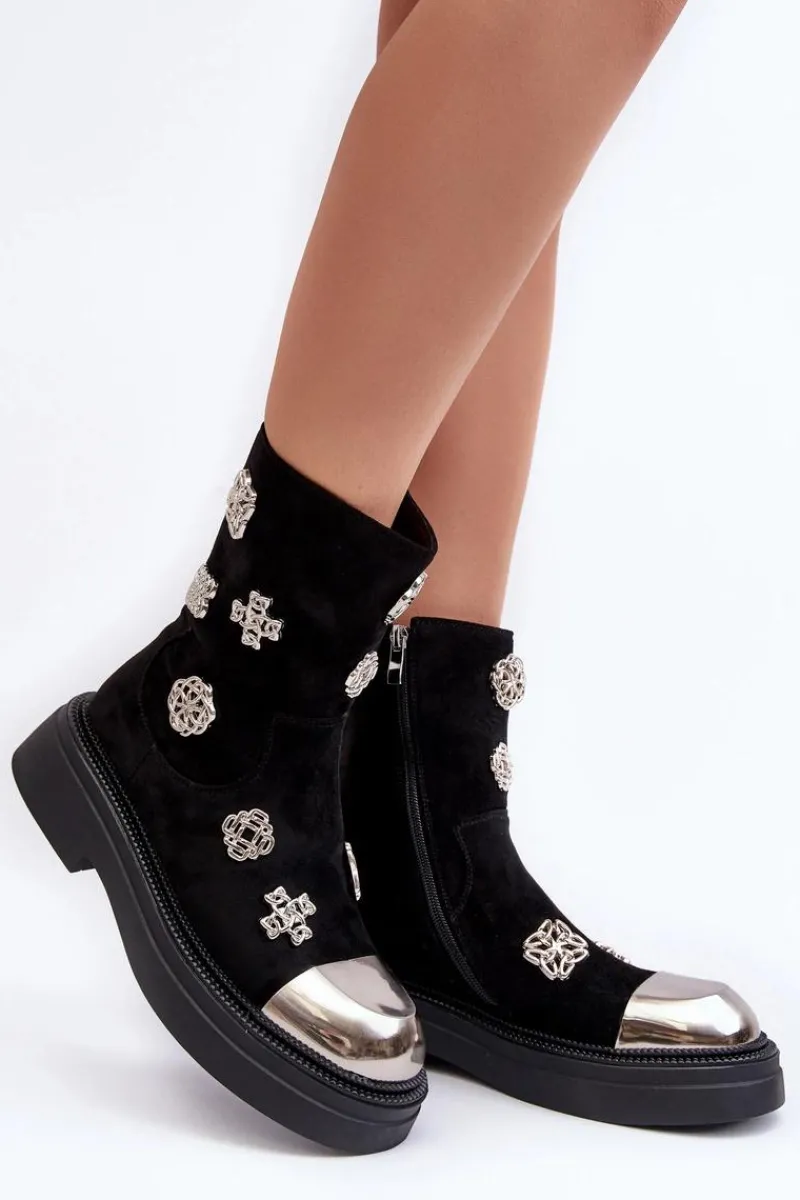 Czarne Botki|Botki Zimowe Damskie>Damskie buty S.Barski Zamszowe Ocieplane Botki Z Ozdobami D&A MR870-14 Czarne