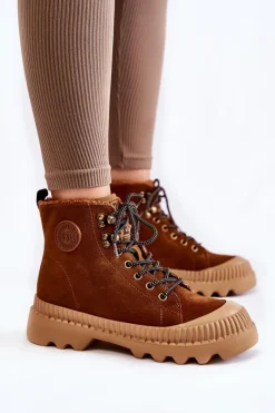 Discount Zamszowe Ocieplane Botki Trapery Big Star KK274520 Brązowe Damskie Damskie Trapery|Botki Sznurowane