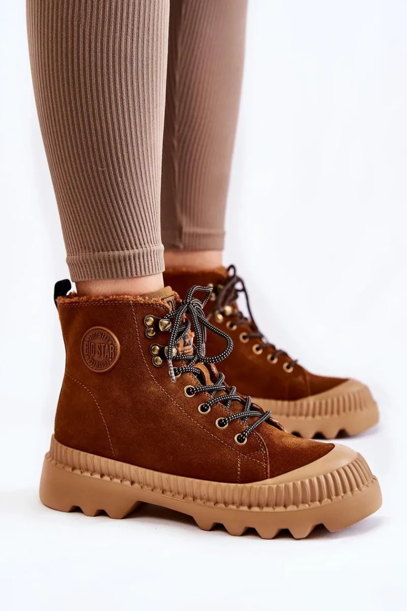 Discount Zamszowe Ocieplane Botki Trapery Big Star KK274520 Brązowe Damskie Damskie Trapery|Botki Sznurowane