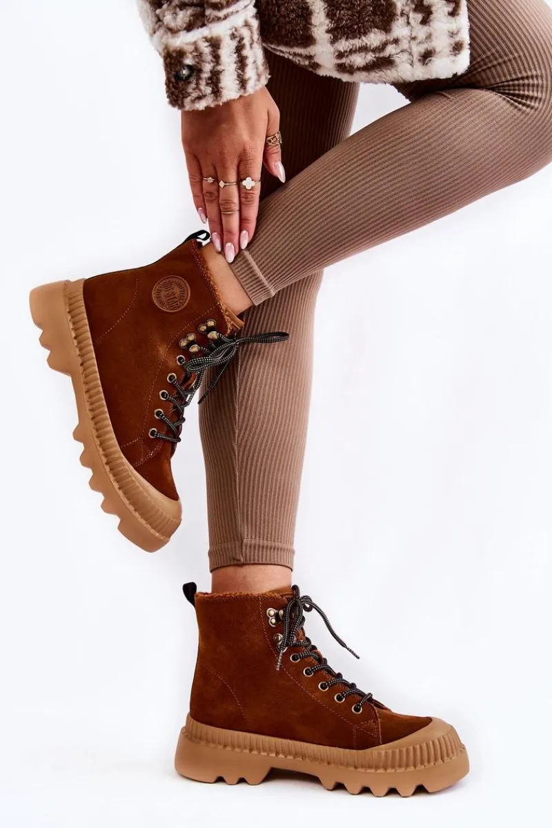 Discount Zamszowe Ocieplane Botki Trapery Big Star KK274520 Brązowe Damskie Damskie Trapery|Botki Sznurowane