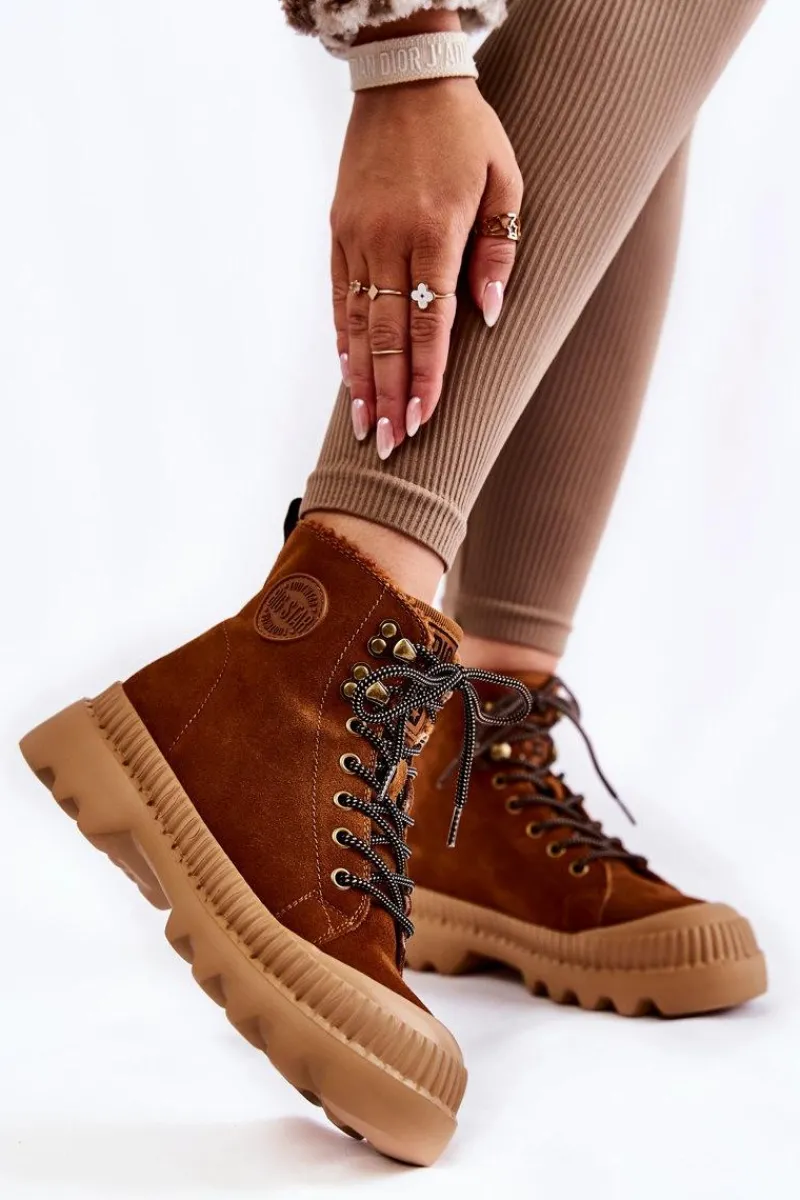 Discount Zamszowe Ocieplane Botki Trapery Big Star KK274520 Brązowe Damskie Damskie Trapery|Botki Sznurowane