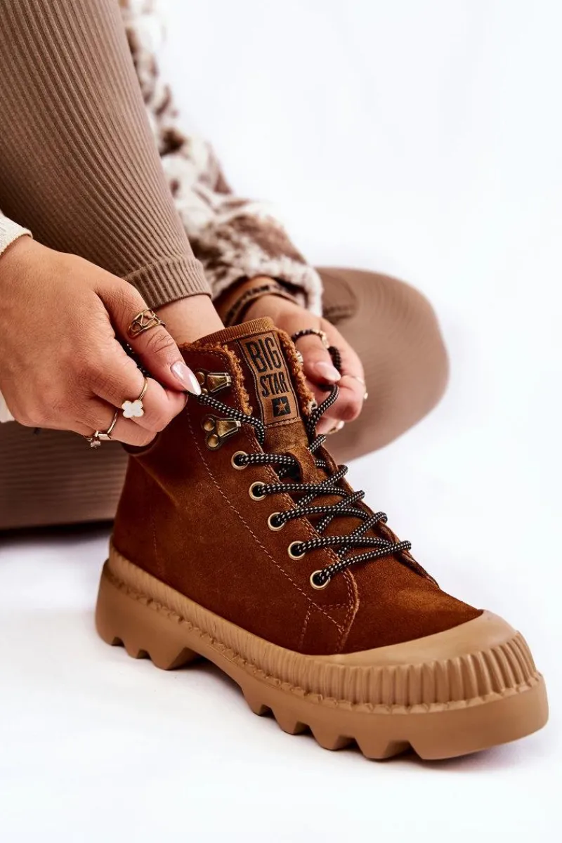 Discount Zamszowe Ocieplane Botki Trapery Big Star KK274520 Brązowe Damskie Damskie Trapery|Botki Sznurowane