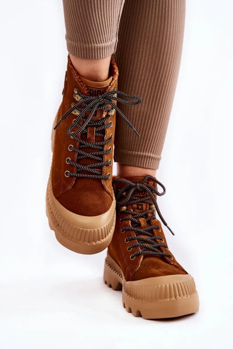Discount Zamszowe Ocieplane Botki Trapery Big Star KK274520 Brązowe Damskie Damskie Trapery|Botki Sznurowane