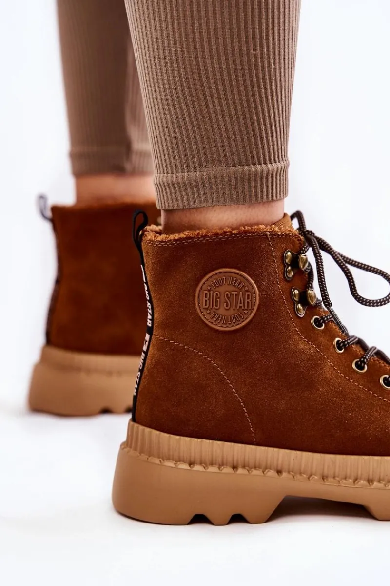 Discount Zamszowe Ocieplane Botki Trapery Big Star KK274520 Brązowe Damskie Damskie Trapery|Botki Sznurowane