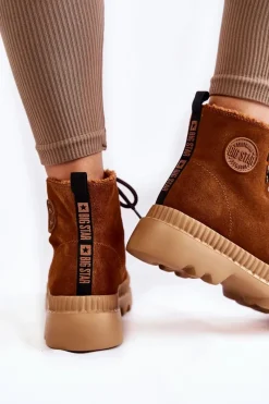 Discount Zamszowe Ocieplane Botki Trapery Big Star KK274520 Brązowe Damskie Damskie Trapery|Botki Sznurowane