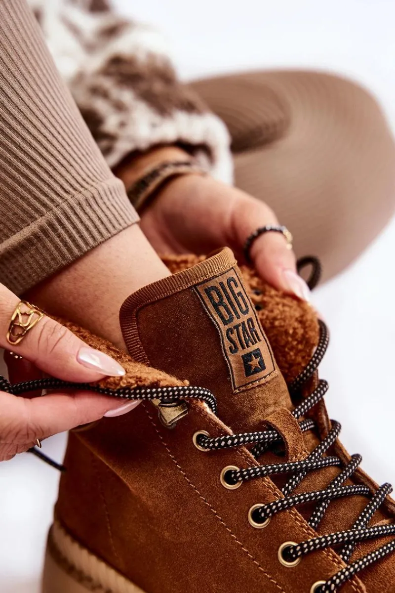 Discount Zamszowe Ocieplane Botki Trapery Big Star KK274520 Brązowe Damskie Damskie Trapery|Botki Sznurowane