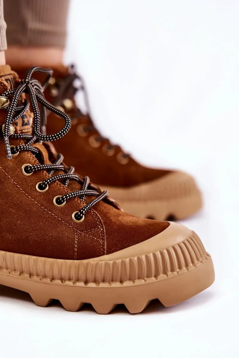 Discount Zamszowe Ocieplane Botki Trapery Big Star KK274520 Brązowe Damskie Damskie Trapery|Botki Sznurowane