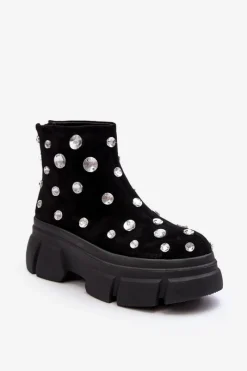 Clearance Damskie buty S.Barski Zamszowe Ocieplane Botki Z Kryształkami D&A MR52-205 Czarne Czarny