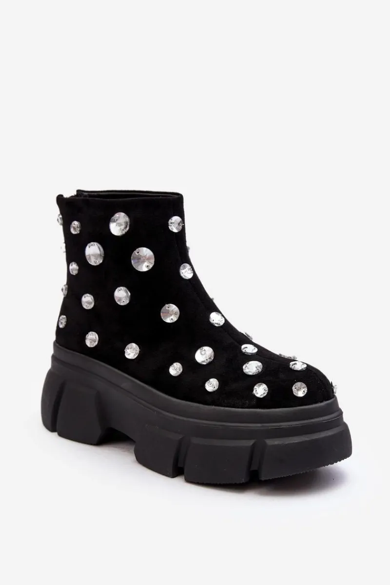 Clearance Damskie buty S.Barski Zamszowe Ocieplane Botki Z Kryształkami D&A MR52-205 Czarne Czarny