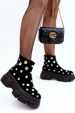 Clearance Damskie buty S.Barski Zamszowe Ocieplane Botki Z Kryształkami D&A MR52-205 Czarne Czarny