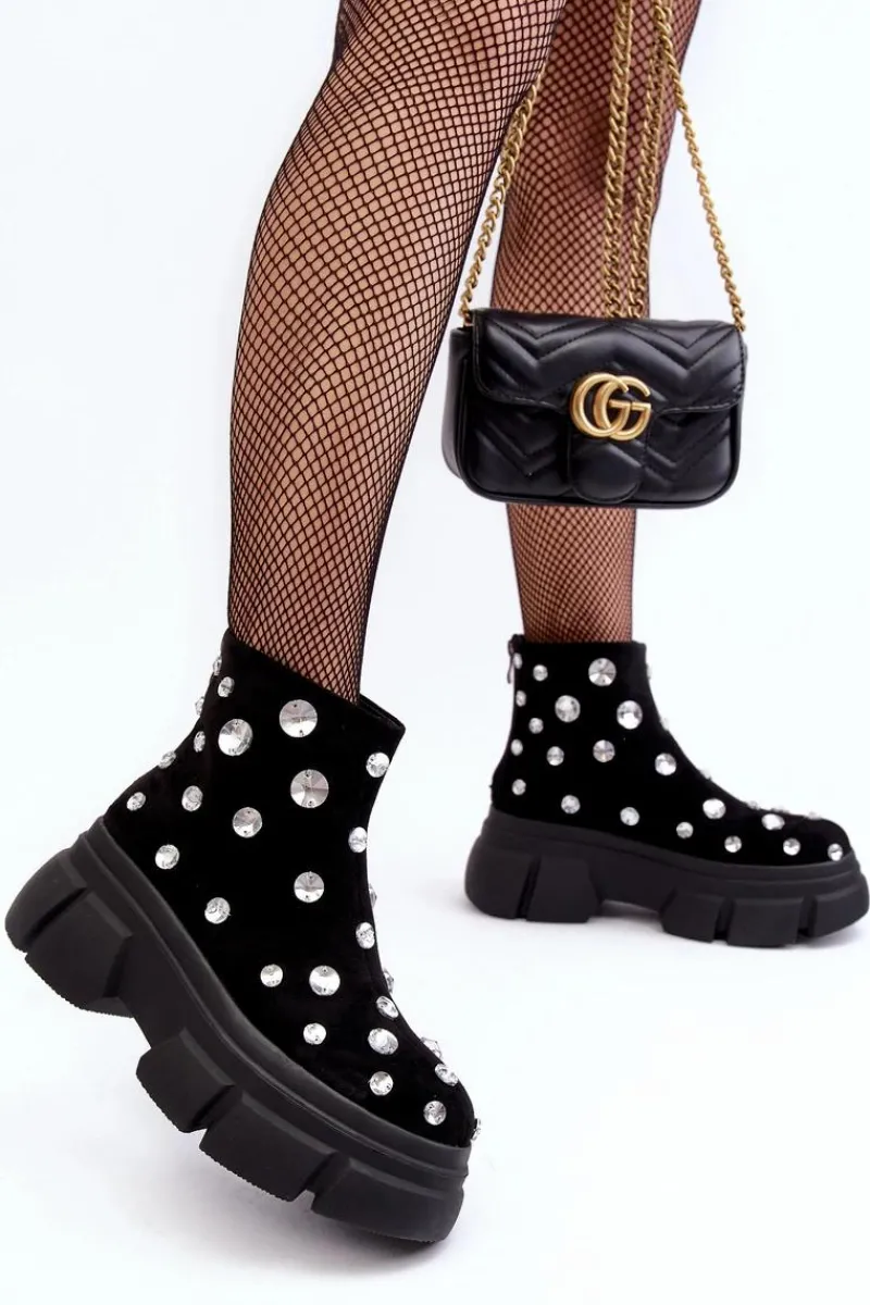 Clearance Damskie buty S.Barski Zamszowe Ocieplane Botki Z Kryształkami D&A MR52-205 Czarne Czarny