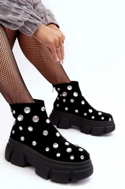 Clearance Damskie buty S.Barski Zamszowe Ocieplane Botki Z Kryształkami D&A MR52-205 Czarne Czarny