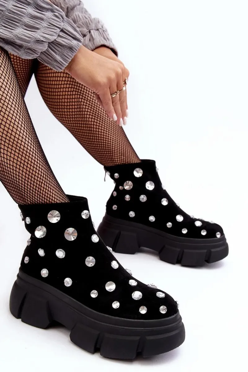 Clearance Damskie buty S.Barski Zamszowe Ocieplane Botki Z Kryształkami D&A MR52-205 Czarne Czarny