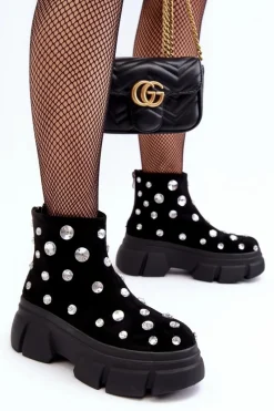 Clearance Damskie buty S.Barski Zamszowe Ocieplane Botki Z Kryształkami D&A MR52-205 Czarne Czarny