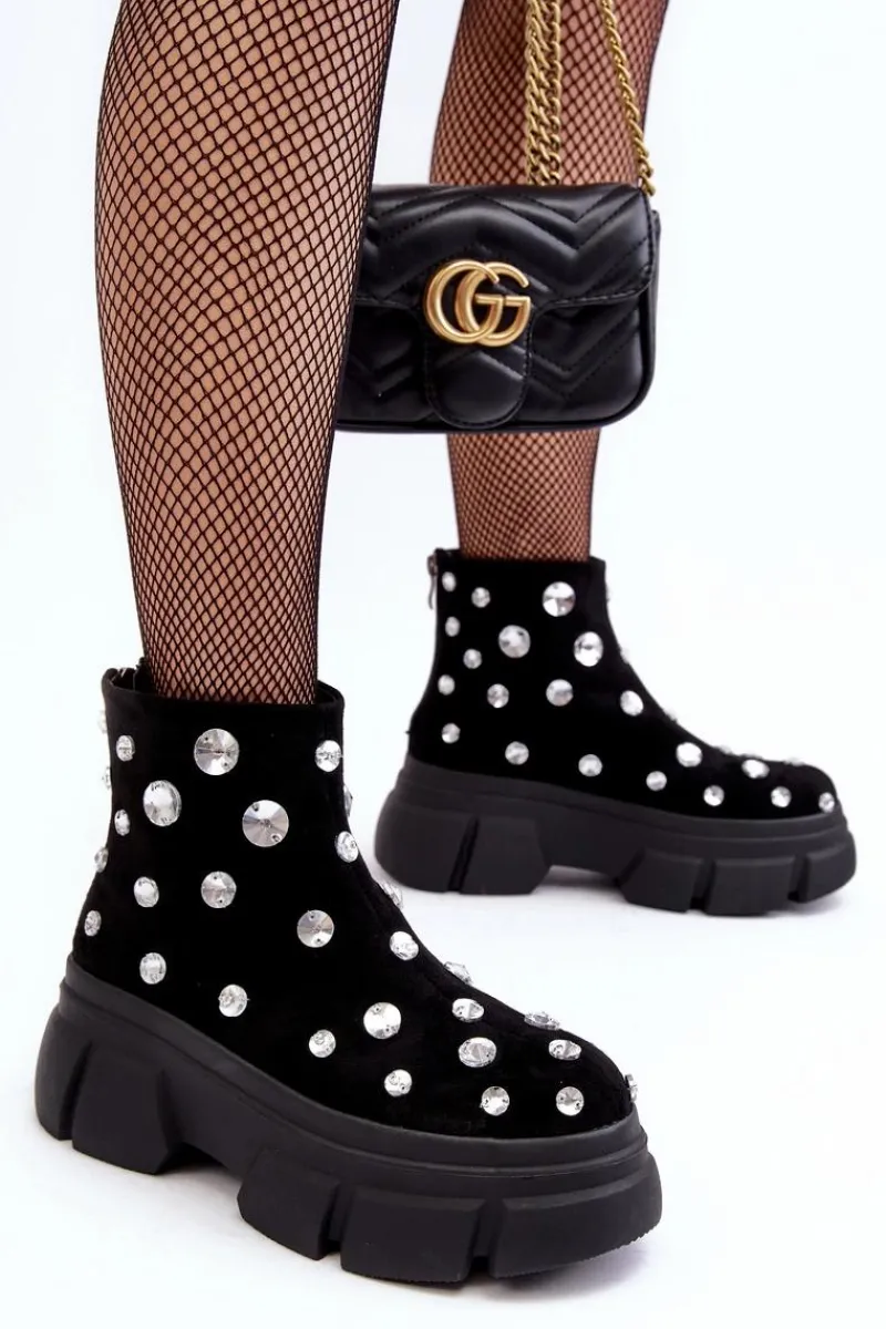 Clearance Damskie buty S.Barski Zamszowe Ocieplane Botki Z Kryształkami D&A MR52-205 Czarne Czarny