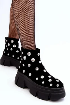 Clearance Damskie buty S.Barski Zamszowe Ocieplane Botki Z Kryształkami D&A MR52-205 Czarne Czarny