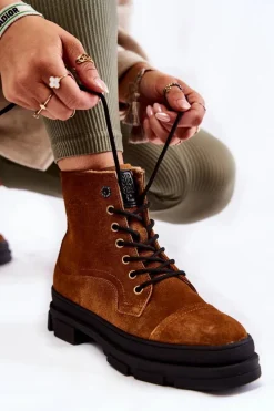 Botki Ocieplane|Damskie Trapery>Big Star Shoes Zamszowe Ocieplane Botki Trapery Big Star KK274524 Brązowe