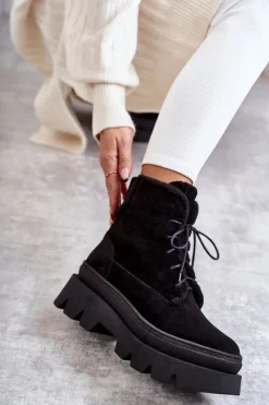 New Boto Zamszowe Ocieplane Botki Sznurowane Czarne Lemar Elisabeth Czarny