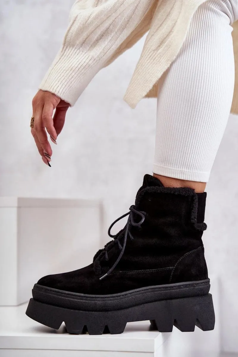 New Boto Zamszowe Ocieplane Botki Sznurowane Czarne Lemar Elisabeth Czarny