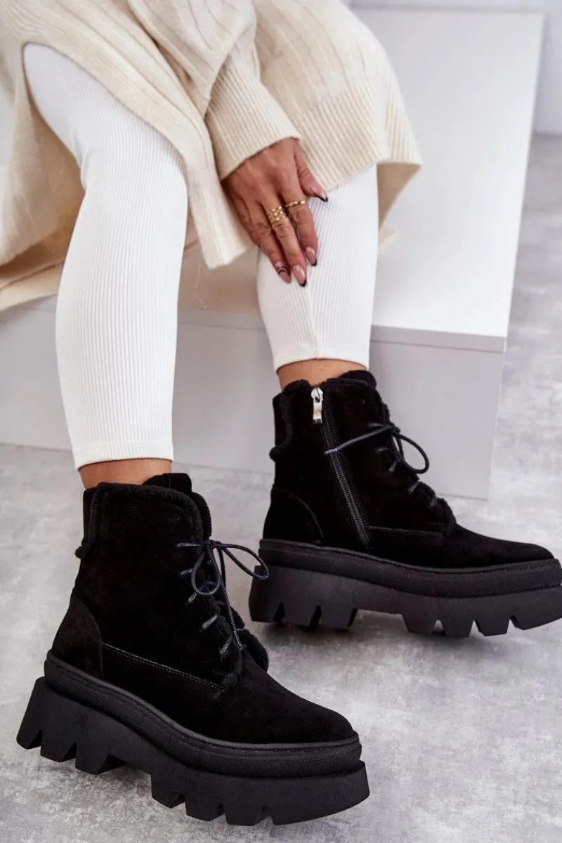 New Boto Zamszowe Ocieplane Botki Sznurowane Czarne Lemar Elisabeth Czarny