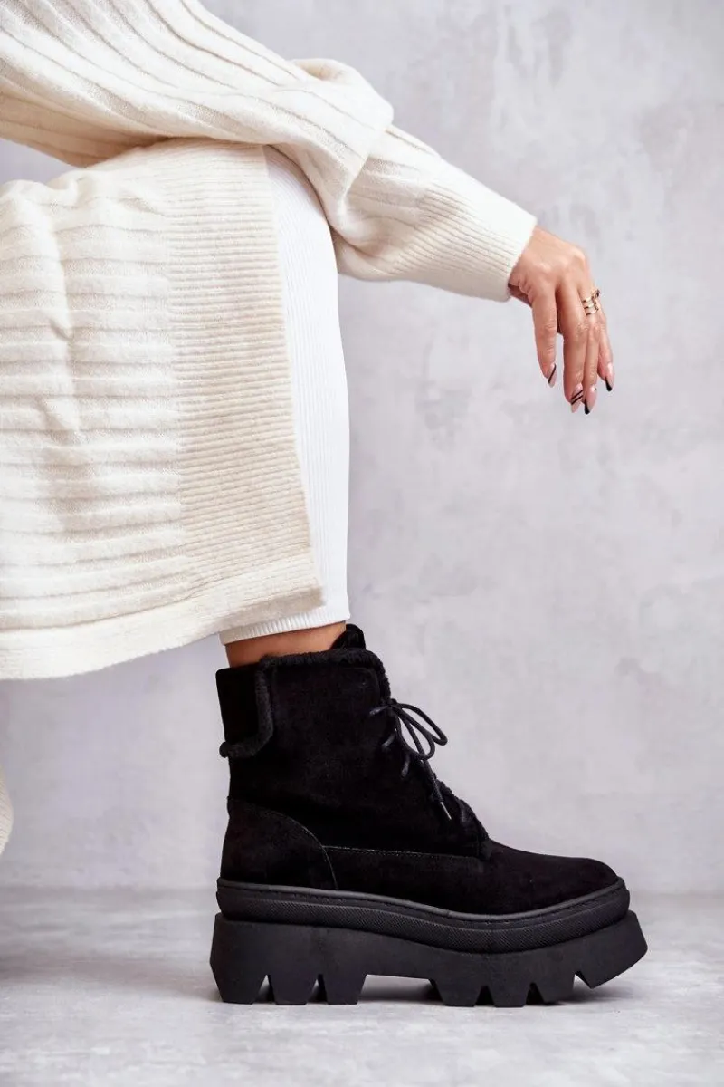 New Boto Zamszowe Ocieplane Botki Sznurowane Czarne Lemar Elisabeth Czarny