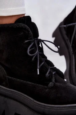 New Boto Zamszowe Ocieplane Botki Sznurowane Czarne Lemar Elisabeth Czarny