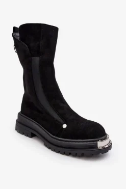 Czarne Botki|Botki Zimowe Damskie>Boto Zamszowe Ocieplane Botki Na Płaskim Obcasie Czarne Palimra