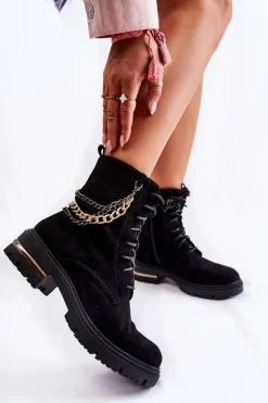 Botki Ocieplane|Damskie Trapery>Boto Zamszowe Ocieplane Botki Z Łańcuchem Czarne Sorita Czarny