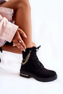 Botki Ocieplane|Damskie Trapery>Boto Zamszowe Ocieplane Botki Z Łańcuchem Czarne Sorita Czarny