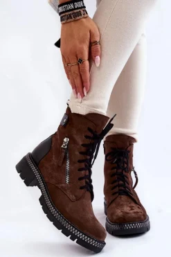 Clearance Zamszowe Ocieplane Botki 2508 Brązowe Damskie Botki Skórzane|Botki Sznurowane