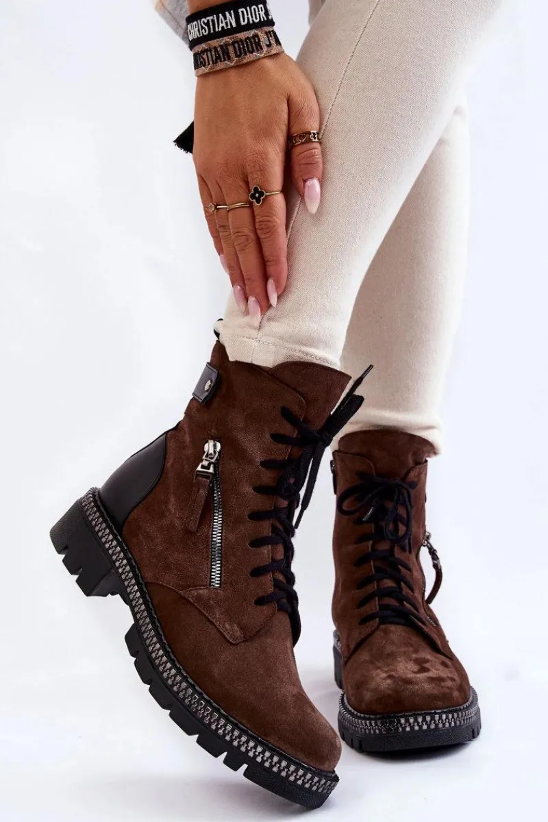 Clearance Zamszowe Ocieplane Botki 2508 Brązowe Damskie Botki Skórzane|Botki Sznurowane